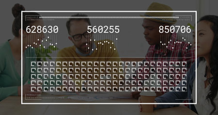Reviewing four professionals analyzing data at office table with printed reports and data overlay. Corporate, teamwork, modern, productivity, collaboration, analytics, workspaceの写真素材