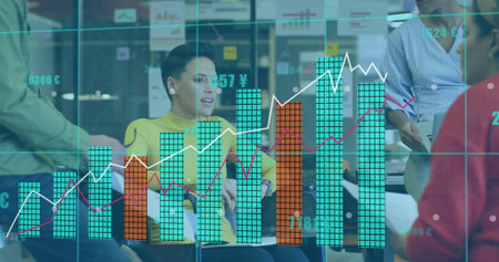 Professionals in business attire discussing data in office, with chart overlays, sticky notes. Team,...