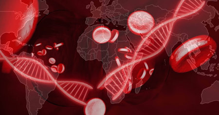 Showing glowing red DNA helix crossing crimson gradient, with blood cell discs, world map outlines....
