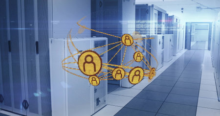 Hovering holographic network sphere showing user nodes inside server room corridor, with cabinets....