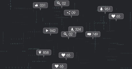Floating social media notification icons drifting over dark-gray background, with binary code....