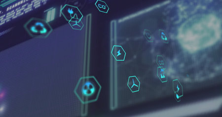 Glowing cyan hexagon icons floating across digital control interface, with data panels and globe....