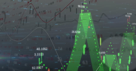 Showing green dot matrix line graph rising on dashboard, with candlestick bars, numeric overlays....