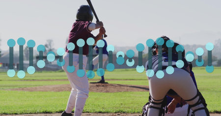 Swinging female batter gripping wooden bat on baseball diamond, with catcher mitt, copy space....