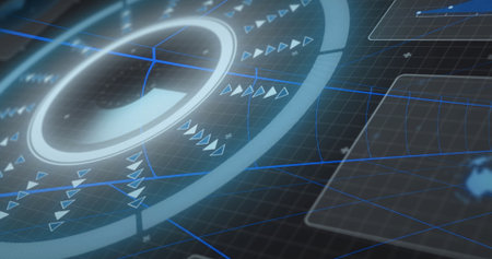 Displaying HUD projecting glowing ring segment on HUD system, with triangular pointers, grid, panel. Futuristic, technology, interface, digital, sleek, advanced, dataの写真素材