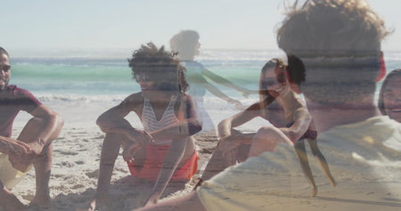 Gathering friends sitting, kid running and adult stretching on sandy beach, with swimwear. Seaside,...