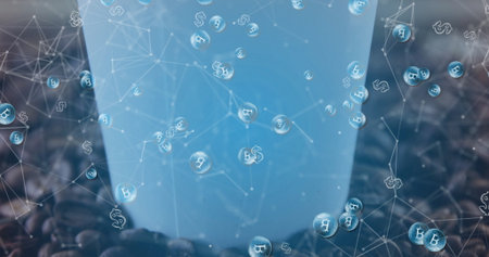 Showing cylinder above coffee beans on desk with Bitcoin and dollar symbol bubbles on network lines. Technology, finance, digital, cryptocurrency, networking, industry, innovationの写真素材