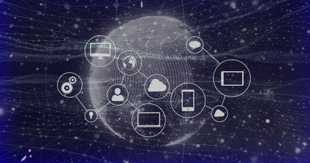 Displaying dotted 3D globe mesh in cyberspace, with device icons, cloud, gear and avatar icons....
