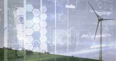 Single white wind turbine spinning on green hillside, with digital interface overlays, copy space....