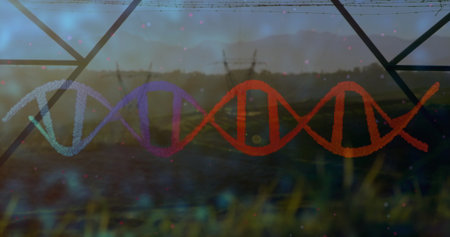 Floating digital DNA helix drifting across rural field, with power pylons and wild grasses. Futuristic, biotech, energy, landscape, digitalart, harmony, innovationの写真素材