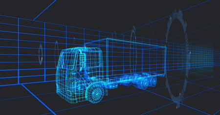 Displaying 3D wireframe semi-truck model rotating in grid space, with grid lines and gear outlines. Digital, futuristic, technology, engineering, 3d modeling, virtual environment, innovationの写真素材