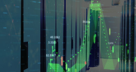 Showing narrow data center corridor with black server cabinets, with green digital chart overlay....