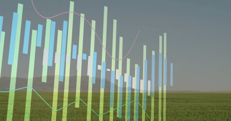 Displaying data overlay floating over grassland toward hills, with translucent bars and line graphs....