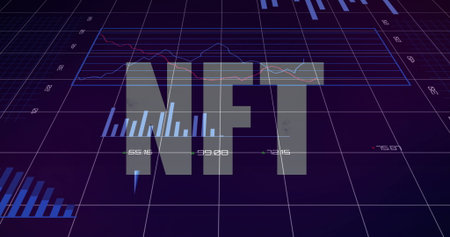 Displaying semi-transparent NFT floating over 3D grid dashboard, with bar charts and line graphs. Futuristic, technology, data visualization, blockchain, analytics, digital, virtualの写真素材
