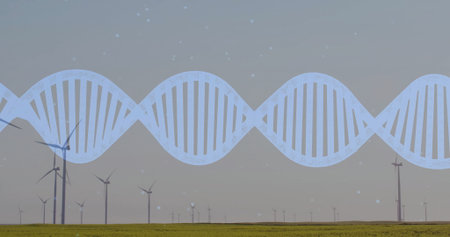 Hovering stylized blue DNA helix stretching over grassy wind farm plain, featuring white turbines....
