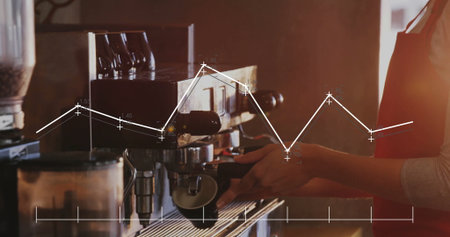 Barista in red apron pulling espresso shot on espresso machine behind coffee bar, with data overlay....