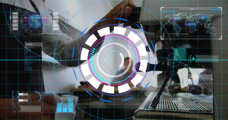 Barista in white shirt positioning portafilter into espresso group head at coffee counter, with HUD. Technological, modern, industrial, precision, craftsmanship, innovation, futuristicの写真素材