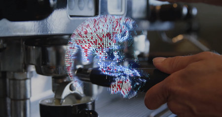 Barista gripping portafilter under coffee machine at cafÃ©, pouring coffee in cup with digital globe. Coffee, technology, innovation, industrial, modern, data visualization, businessの写真素材