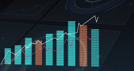 Displaying bar chart on dark grid with turquoise, amber bars, white, magenta trend lines UI circle....