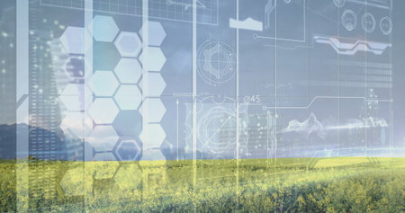 Displaying yellow field reaching blue mountains in valley, with interface hex panels and grid lines. Futuristic, technology, data visualization, landscape, industry, innovation, minimalisticの写真素材