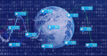 Rotating Planet Earth over binary code in data visualization, showing line charts and social icons. Technology, analytics, digital, innovation, growth, connectivity, futuristicの写真素材