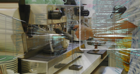 Operating commercial espresso machine group head at coffee bar counter, with floating AR code....