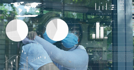 Hugging Chinese woman and child wearing protective masks at glass partition, with digital charts. Family, connection, technology, environment, safety, modern, wellnessの写真素材