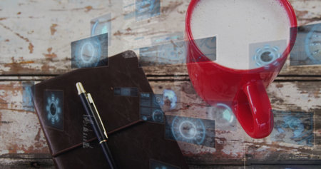 Displaying digital interface over notebook, pen and red mug of coffee on home desk, copy space. Technology, innovation, workspace, vintage, futurism, creativity, productivityの写真素材