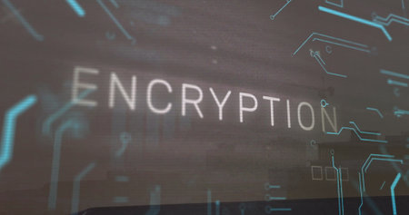 Displaying white ENCRYPTION text over blurred urban skyline interface, with blue circuit nodes. Cybersecurity, digital, technology, futuristic, networking, data, innovationの写真素材