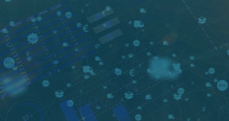 Displaying interconnected data nodes in dashboard, with delivery and package icons and bar charts....