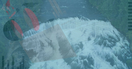 Cascading waterfall dropping over cliff into river in forest with pie chart and bar graph overlays....