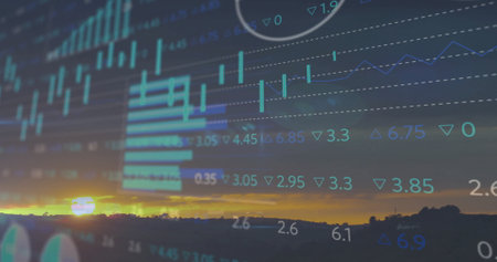 Flowing translucent bar charts, line graphs across sunset hills showing stock values on grid lines....