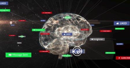 Floating holographic wireframe brain sending neural lines in dark cyberspace, with bright UI labels....