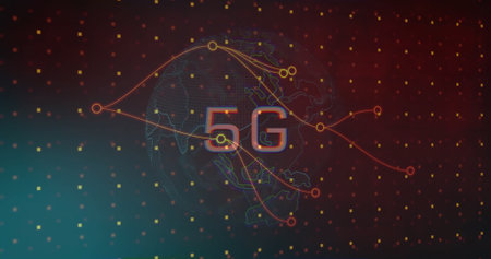 Displaying stylized globe radiating neon network lines to nodes over dark pixel squares, with 5G. Technology, connectivity, innovation, digital, futuristic, cyber, communicationの写真素材