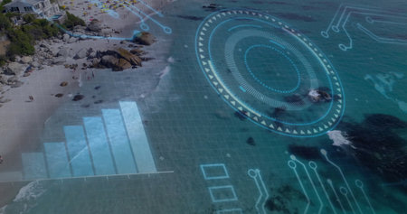 Displaying digital interface graphic overlaying coastal beach with sun umbrellas, copy space....