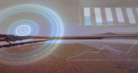 Displaying circular HUD overlaying salt flat at dusk, with digital grid, bar chart and line graph. Futuristic, technology, data, analysis, minimalism, outdoor, reflectiveの写真素材