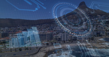 Showcasing glass-front mid-rise buildings lining road at rocky shore, with digital HUD graphics. Urban, waterfront, modern, architecture, technology, scenery, landscapeの写真素材