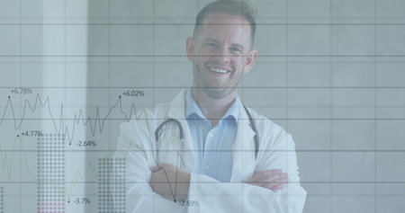 Standing doctor crossing arms smiling in medical corridor, with lab coat, stethoscope and charts. Medical, healthcare, analysis, performance, professional, diagnostics, researchの写真素材