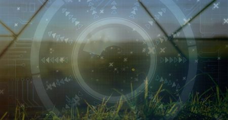Emerging grass blades displaying HUD in greenhouse, with arrows, triangles, crosses and circuitry....