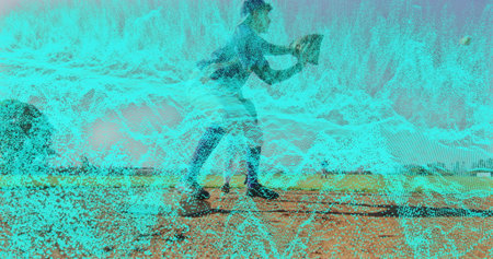 Jogging woman in sportswear pacing along beach at sunset, using handheld device with wave overlay....