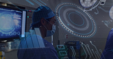 Scrub-clad surgeon examining AR overlays in operating room, with anatomical monitors. Medical,...