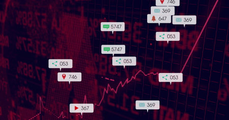 Displaying red-toned line graph on data dashboard with numeric grid, floating notification icons....