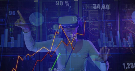 Exploring Black woman wearing VR headset, lanyard viewing holographic financial data in data center....