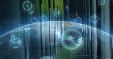 Crouching tech adjusting rack panel in data center corridor, using tablet amid globe overlay, icons....