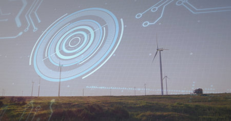 Displaying large wind turbine rotating under clear sky at wind farm, with HUD overlays, copy space....