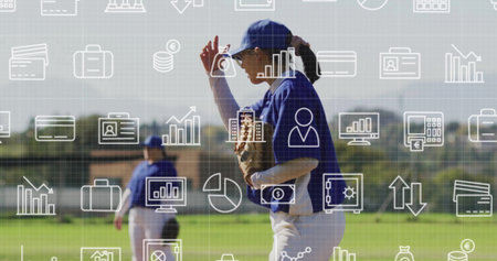 Tipping athlete in blue jersey holding glove on outfield, with financial icons overlay. Sports,...