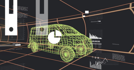 Displaying wireframe 3D van model floating in perspective grid, with pie chart and data panels. Technology, data visualization, 3d modeling, digital interface, analytics, futuristic, innovationの写真素材