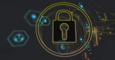 Animating golden padlock within glowing rings on digital network lines, with teal hexagon icons....
