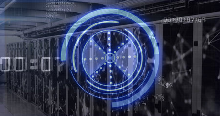 Displaying translucent blue interface on server cabinets in data center hall, showing timers....