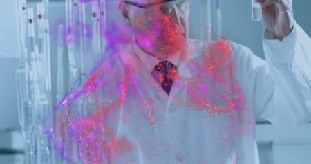 Inspecting researcher wearing lab coat holding test tube in lab viewing red magenta particle cloud....